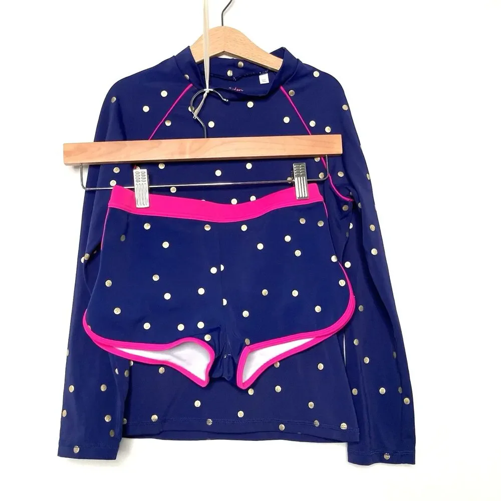 Boden Rash Guard Girls 9-10Y Navy Blue Gold Polka Dot UPF 40+ Swimsuit Set